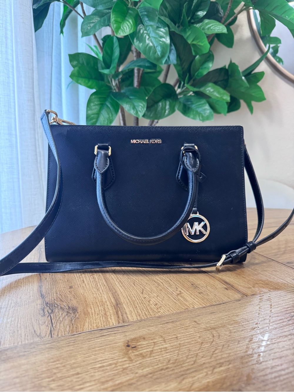 Michael Kors Black Saffiano Satchel with Gold MK Charm